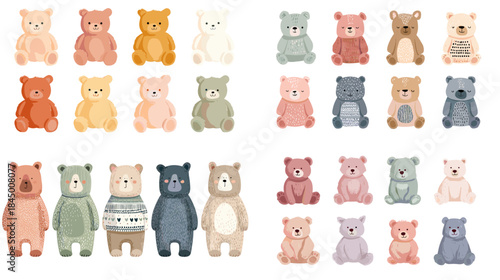 A charming set of cute bear illustrations in soft pastel tones, perfect for nursery decor, kids design, playful prints, and adorable character themed projects.