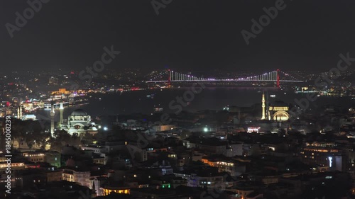 Wallpaper Mural The Blue Mosque Golden Horn synagogue temple night time Istanbul Turkey Türkiye aerial drone cityscape Bosphorus Strait harbor view boat ferry bridge panoramic landscape buildings circle left parallax Torontodigital.ca