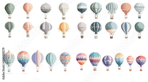 A watercolor set of hot air balloons in pastel and colorful tones, featuring varied patterns and shapes perfect for travel themes, nursery decor, whimsical design, and adventure inspired art.