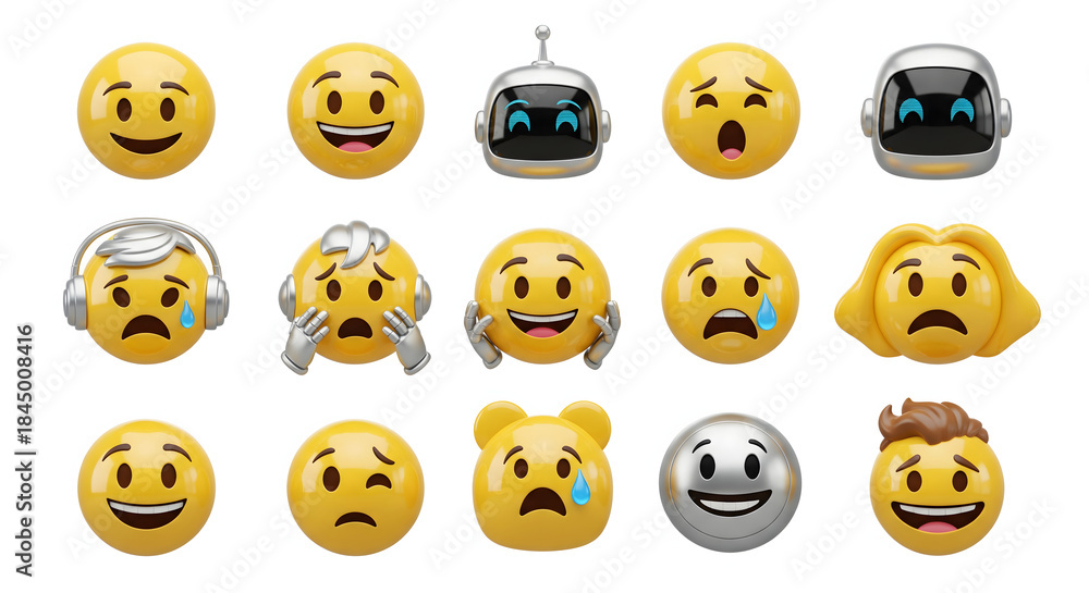 Fototapeta premium Expression Array: An engaging collection of emoji icons displaying various human expressions, encapsulating a spectrum of emotions and feelings.