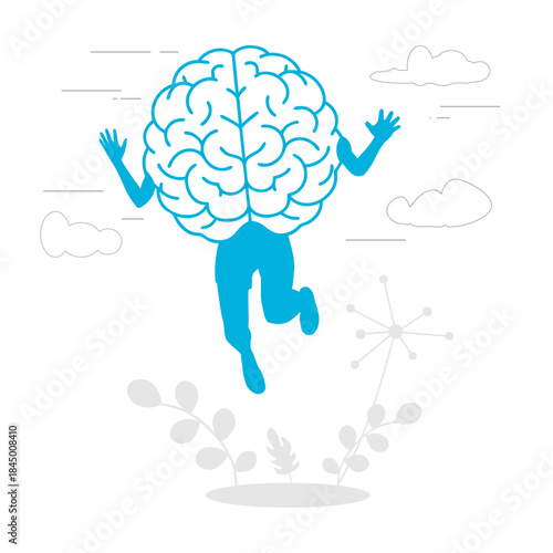 Jumping human brain. Medicine, education and science concept. Positive thinking. Good mental health condition. Personal growth and development. Creativity and innovation.