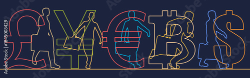 Business concept. Businessman silhouettes with currency symbols. Financial market and trading. Stock market traders.