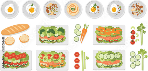 Healthy sandwich and breakfast food vector set with fresh vegetables, eggs, bread slices and balanced meal ingredients illustration