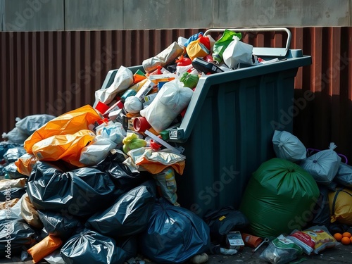 Overflowing trash bin with spilling garbage and waste bags piled around it, recycling, trash bag