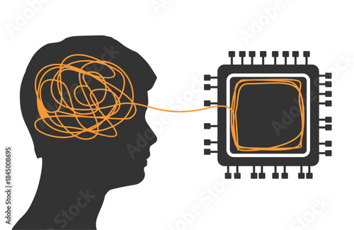 Artificial Intelligence hardware concept. Microchip with circuit. AI trading, machine learning, technology. Human head with tangle of ideas inside.