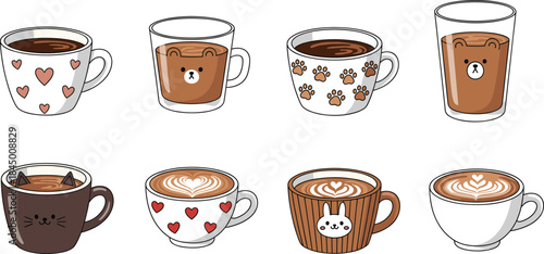 Cute kawaii coffee cup and mug vector set with animal faces, hearts, latte art designs for cafe branding and cozy illustrations
