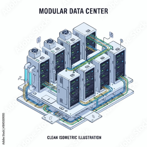 Modular Data Center Isometric Illustration Featuring Server Racks Cooling System Network Cables and Cloud Computing Infrastructure for Information Technology and Digital Storage Design