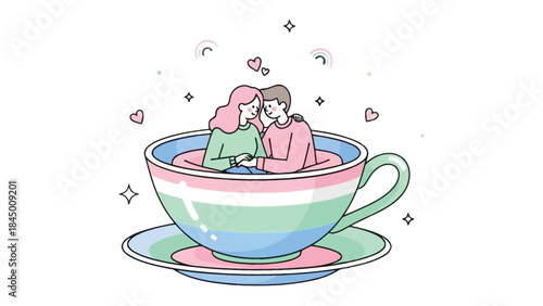 Affection in a Cup: A couple finds solace and intimacy within the whimsical embrace of a teacup, enveloped in an aura of gentle affection and tender moments.
