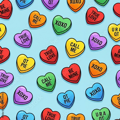 Colorful conversation heart candies scattered on pastel blue background.