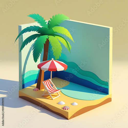 Miniature papercraft beach scene with palm tree, striped chair and umbrella for summer vacation concept.