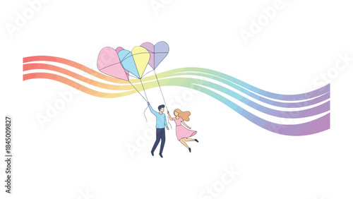 Love's Colorful Flight: A charming illustration depicts a couple soaring joyfully amidst a cascade of rainbow colors, clutching heart-shaped balloons.