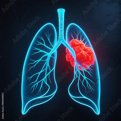 A glowing blue medical illustration depicting advanced stage lung cancer with a prominent red tumor