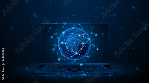 Digital globe with glowing lines floating above a laptop. The concept of a global connectivity network. A world map. High-speed internet technology, or fast wireless data transmission.

