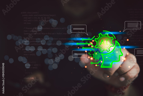 Adult man chatting with a smart AI or artificial intelligence using an artificial intelligence chatbot developed, Futuristic technology transformation.