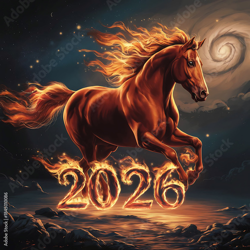 A majestic fiery horse gallops through a mystical sky over the numbers 2026.