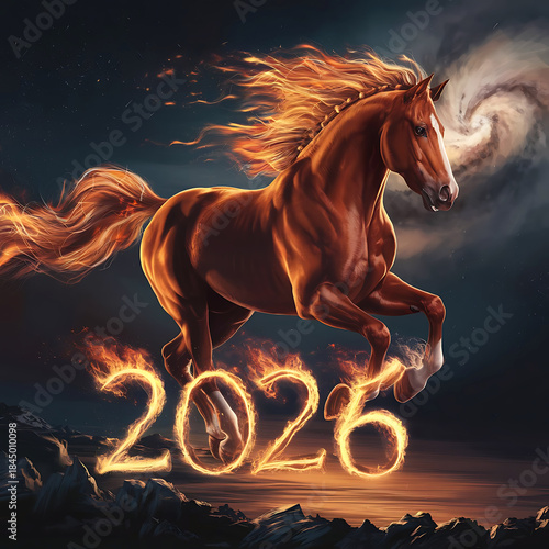 Fire horse galloping over the fiery year 2026 against a cosmic background