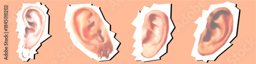 Set of human ears Halftone Dotted Collage Element Pointillize in Paper Torn vector for audio concepts. Symbolizes hearing, listening, and abstract anatomy.
