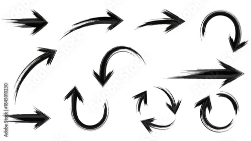 Set of Various Black Hand-Drawn Arrows Pointing Right on a White Background for Design or Navigation
