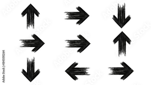 Various Directional Arrows in Black with Grunge Texture, Showing Up, Down, Left, and Right