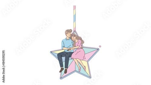 Eternal Embrace: A tender couple sits on a luminous star, sharing a moment of loving intimacy and tenderness. Symbolizing the bond of love and the journey of togetherness. 