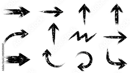 Collection of grunge-style black arrow graphics for navigation, direction, and design elements