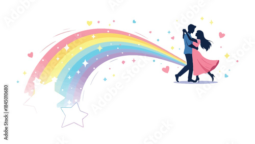 Dancing Under the Rainbow: A silhouette of a couple dances gracefully, embraced by a vibrant rainbow. A celebration of love and unity, perfect for conveying themes of togetherness, romance.
