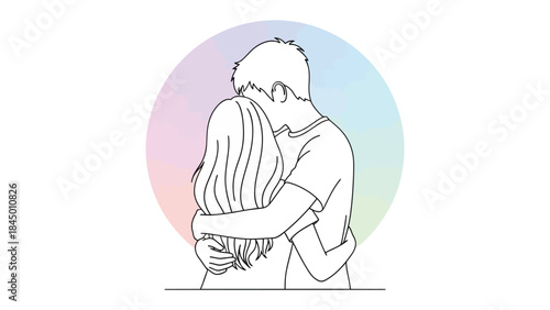 Embrace of Connection: An illustration of two figures locked in an embrace against a soft, colorful backdrop, symbolizing closeness and support, expressing emotional warmth and intimate bond.