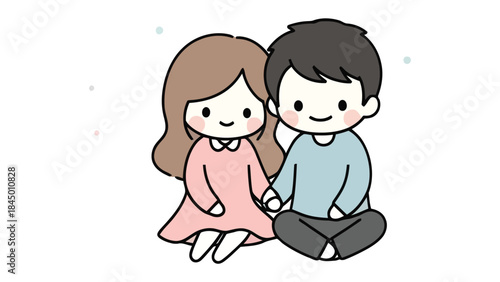 Cute Couple's Connection: Two adorable cartoon figures, a boy and a girl, sit close together, hands clasped, portraying love, companionship and intimacy.