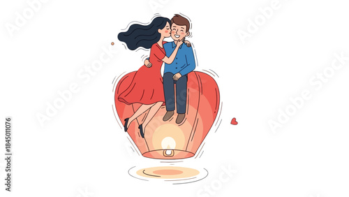 Love's Aerial Embrace: A couple shares a tender moment as they soar through the sky on a romantic sky lantern, their hearts intertwined in a symbol of enduring affection.