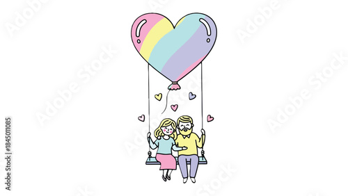 Love's Aerial Embrace: A tender couple shares a sweet moment, suspended in mid-air on a swing beneath a pastel heart-shaped balloon, symbolizing love's boundless flight and shared dreams.
