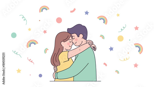Intimate Embrace of Love: A tender moment unfolds as a couple shares a warm embrace, surrounded by symbols of affection like rainbows, stars, and confetti, creating an atmosphere of love and unity.