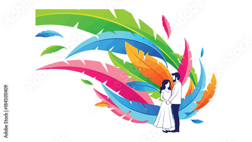 Love's Feathered Embrace: A tender couple stands enveloped in a cascade of vibrant, colorful feathers, symbolizing love's gentle embrace and the beauty of togetherness. 