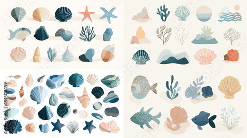 A watercolor set of ocean themed elements including shells, fish, coral, waves, and sea plants in soft earthy tones, perfect for coastal decor, kids designs, and nature illustrations.