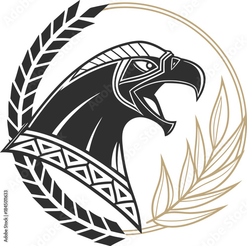 Stylized Eagle Head with Tribal Markings and Laurel Branch bird profile