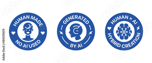 Badge set mix of No AI used, Generated by AI, and Human x AI sign, symbol and sticker labelling