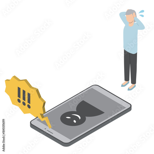 電話からの強い口調に慌てるシニア女性2・アイソメトリック