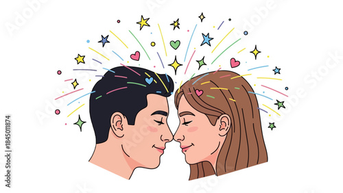 Dreamy Romance: A couple shares a tender moment of connection, eyes closed as they lean in towards each other, surrounded by the magical embrace of hearts, stars, and radiant light.