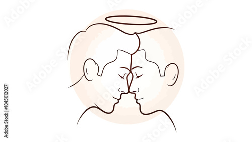 Love Embrace: A minimalist illustration captures an intimate moment, portraying two faces softly touching in an embrace, symbolizing unity and affection. 