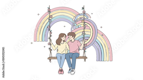 Love on a swing: A couple, lost in a tender moment on a swing, with a backdrop of colorful rainbows, symbolizing love, dreams, and endless possibilities. A scene of pure romance.