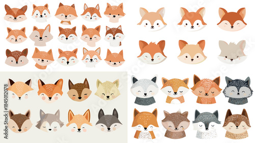 A charming watercolor set of fox faces in varied colors and expressions, ideal for nursery art, kids graphics, woodland themes, and cute character design projects.