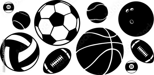 A collection of various sports ball silhouettes and icons. Ideal for sports logos, graphic designs, and web elements. Black and white vector illustrations.