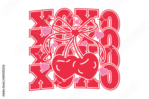 XOXO Cherry Love Cute Valentine Cherry Typography Graphic T-shirt Design