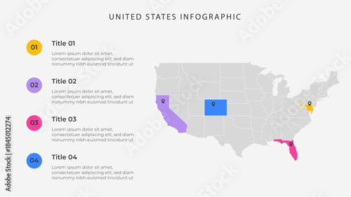 United States map infographic template with 4 options. US political map infographic for presentation.