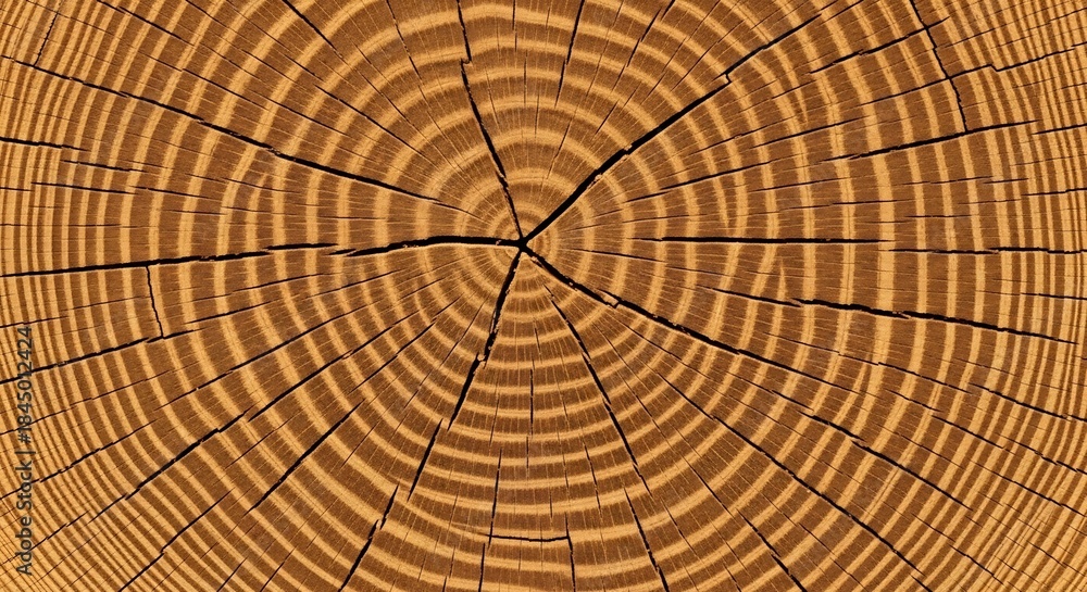 Fototapeta premium Close-up of a cross-section of a tree trunk, showcasing growth rings and natural textures.