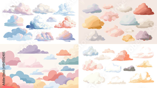 A dreamy watercolor set of soft pastel clouds in varied shapes and colors, perfect for nursery themes, sky illustrations, weather graphics, and calming decorative designs.