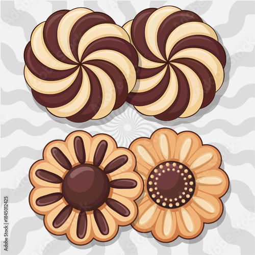 Assortment of delightful homemade cookies with chocolate swirl and floral designs Vector