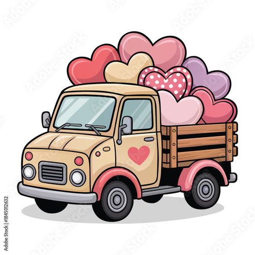 Vector illustration of Cute truck loaded with colorful hearts for valentine's day