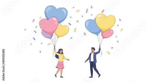 Love's Celebration: A tender moment unfolds as a couple, bathed in colorful confetti, holds aloft heart-shaped balloons, symbolizing joy and togetherness.