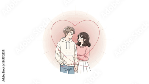 Heartfelt Gaze: A tender illustration depicts a couple sharing a loving glance, symbolizing the warmth of connection and affection in front of a soft pink heart.