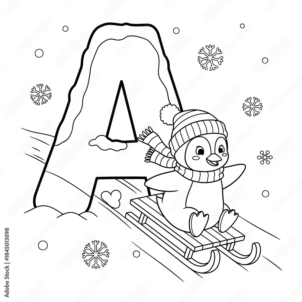 Obraz premium Letter A penguin sledding coloring page. Cute cartoon alphabet illustration. Happy penguin sledding down a snowy hill next to the icy letter A. Fun winter activity for kids